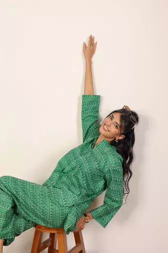 Green and white geometric with kurta style co-ord set