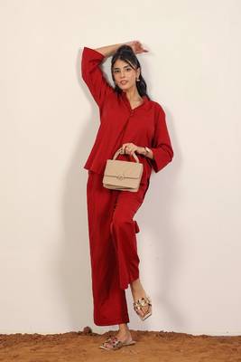 Solid maroon red with kurta style v-neck cotton co-ord set 1