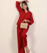 Solid maroon red with kurta style v-neck cotton co-ord set