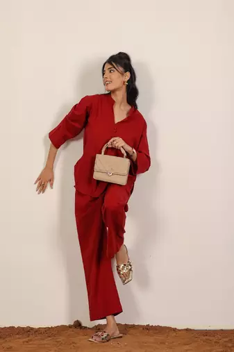 Solid maroon red with kurta style v-neck cotton co-ord set