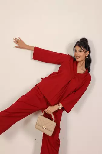 Solid maroon red with kurta style v-neck cotton co-ord set