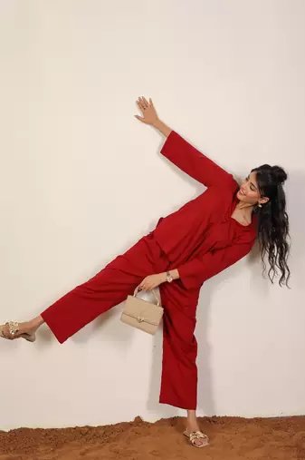 Solid maroon red with kurta style v-neck cotton co-ord set