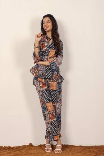 Black and multicolor geometric coastal print kurta style co-ord set