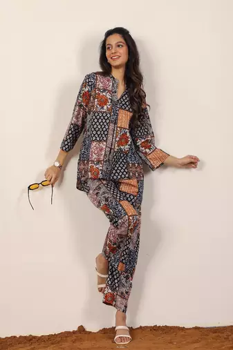 Black and multicolor geometric coastal print kurta style co-ord set