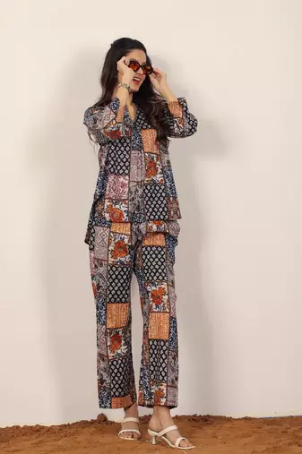 Black and multicolor geometric coastal print kurta style co-ord set
