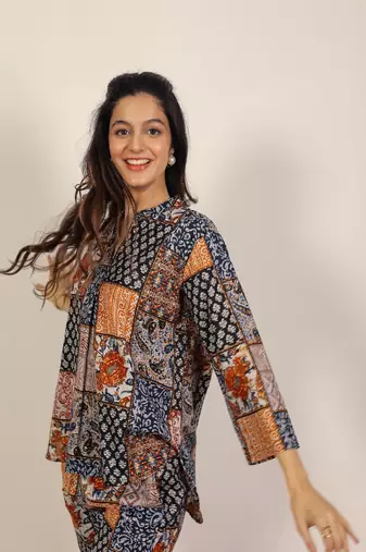 Black and multicolor geometric coastal print kurta style co-ord set