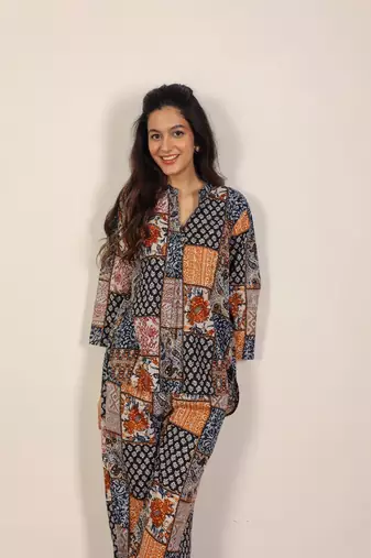 Black and multicolor geometric coastal print kurta style co-ord set
