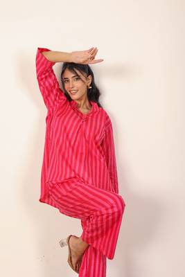 Red and pink textile print with stripes work kurta style s cotton co-ord set 3