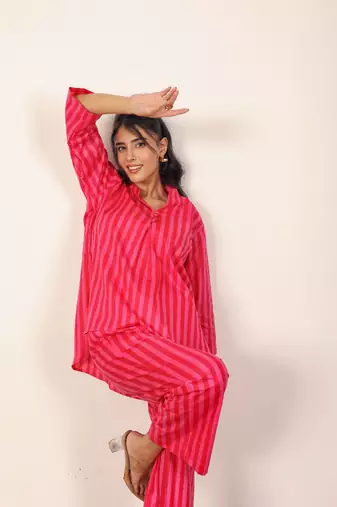Red and pink textile print with stripes work kurta style s cotton co-ord set
