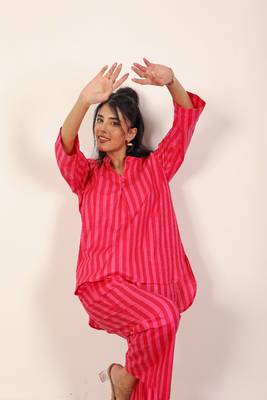 Red and pink textile print with stripes work kurta style s cotton co-ord set 4