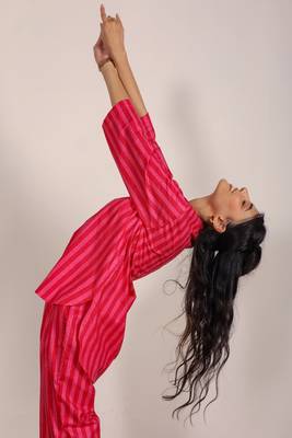 Red and pink textile print with stripes work kurta style s cotton co-ord set 5