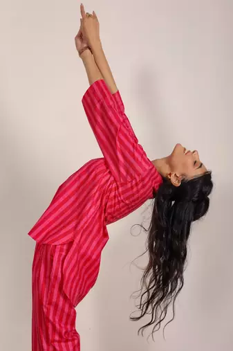 Red and pink textile print with stripes work kurta style s cotton co-ord set