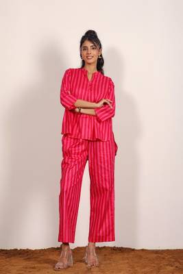 Red and pink textile print with stripes work kurta style s cotton co-ord set 6