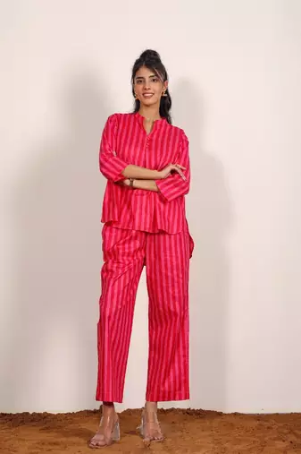 Red and pink textile print with stripes work kurta style s cotton co-ord set