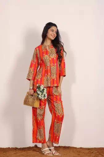 Orange and multi tiger printed with kurta style co-ord set