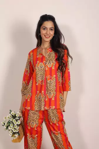 Orange and multi tiger printed with kurta style co-ord set