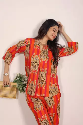 Orange and multi tiger printed with kurta style co-ord set