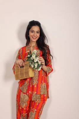 Orange and multi tiger printed with kurta style co-ord set 5