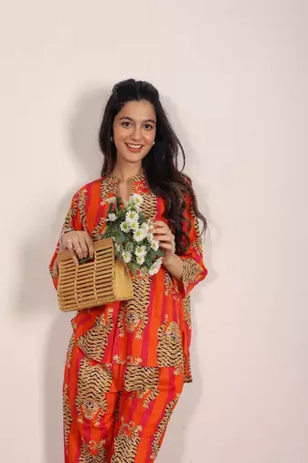 Orange and multi tiger printed with kurta style co-ord set