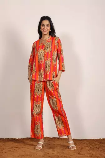 Orange and multi tiger printed with kurta style co-ord set
