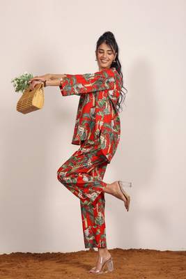 Red and multi tiger printed with kurta style co-ord set 3