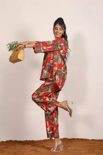 Red and multi tiger printed with kurta style co-ord set