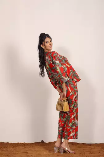 Red and multi tiger printed with kurta style co-ord set