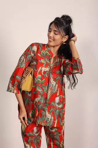 Red and multi tiger printed with kurta style co-ord set