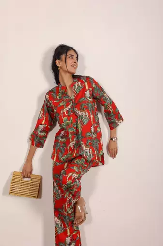 Red and multi tiger printed with kurta style co-ord set