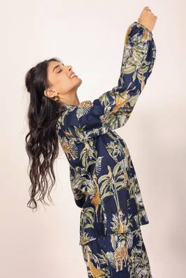 Navy blue and multicolor printed with coastal print balloon sleeves cotton co-ord set 3