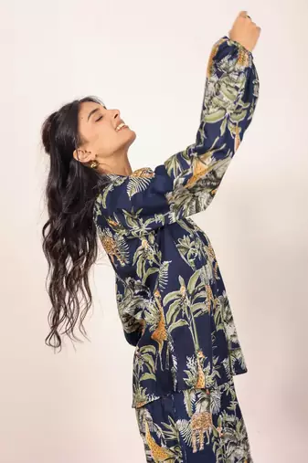 Navy blue and multicolor printed with coastal print balloon sleeves cotton co-ord set