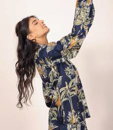 Navy blue and multicolor printed with coastal print balloon sleeves cotton co-ord set