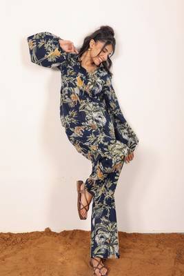 Navy blue and multicolor printed with coastal print balloon sleeves cotton co-ord set 5