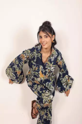 Navy blue and multicolor printed with coastal print balloon sleeves cotton co-ord set