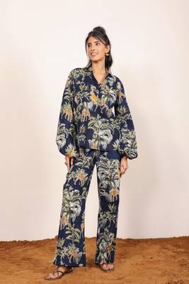 Navy blue and multicolor printed with coastal print balloon sleeves cotton co-ord set 1