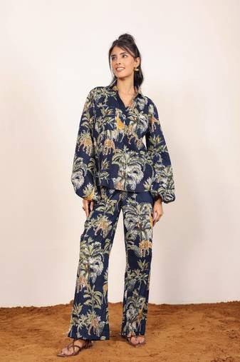 Navy blue and multicolor printed with coastal print balloon sleeves cotton co-ord set