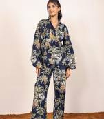 Navy blue and multicolor printed with coastal print balloon sleeves cotton co-ord set