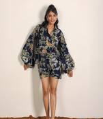 Navy blue and multicolor printed with coastal print balloon sleeves cotton co-ord set