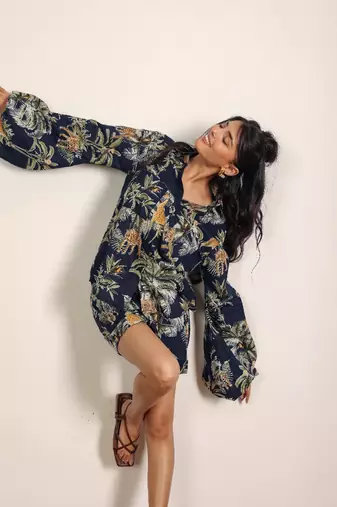 Navy blue and multicolor printed with coastal print balloon sleeves cotton co-ord set