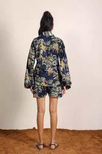 Navy blue and multicolor printed with coastal print balloon sleeves cotton co-ord set