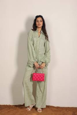 Green and white textile print two piece cord set stripes work shirts boho cotton co-ord set 1
