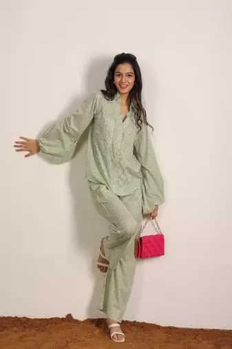 Green and white textile print two piece cord set stripes work shirts boho cotton co-ord set