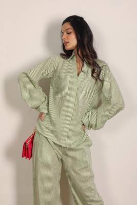 Green and white textile print two piece cord set stripes work shirts boho cotton co-ord set 4
