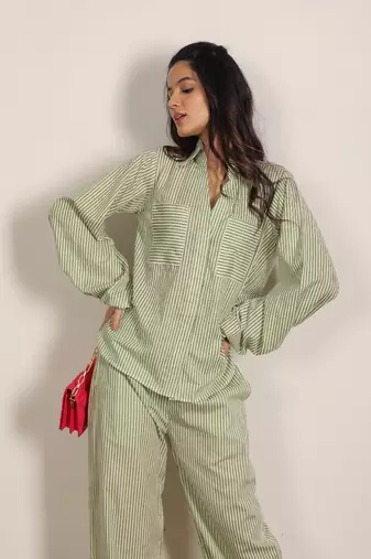 Green and white textile print two piece cord set stripes work shirts boho cotton co-ord set