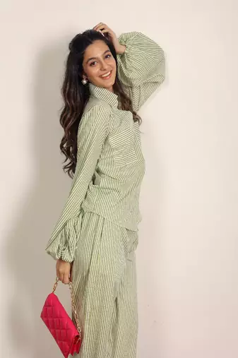 Green and white textile print two piece cord set stripes work shirts boho cotton co-ord set