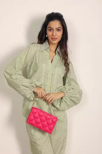 Green and white textile print two piece cord set stripes work shirts boho cotton co-ord set
