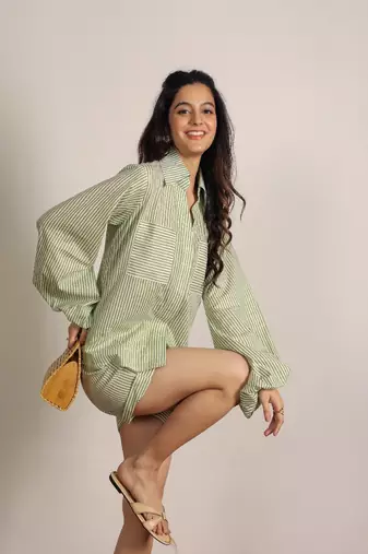 Green and white textile print two piece cord set stripes work shirts boho cotton co-ord set