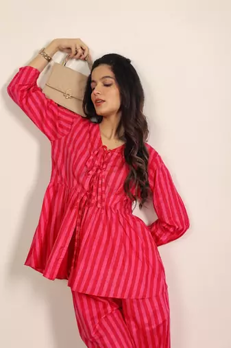 Red and pink stripes textile print work cotton co-ord sets