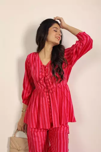 Red and pink stripes textile print work cotton co-ord sets