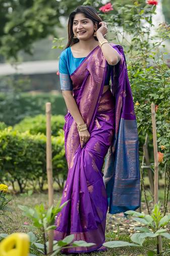 Purple all over zari woven weaves saree